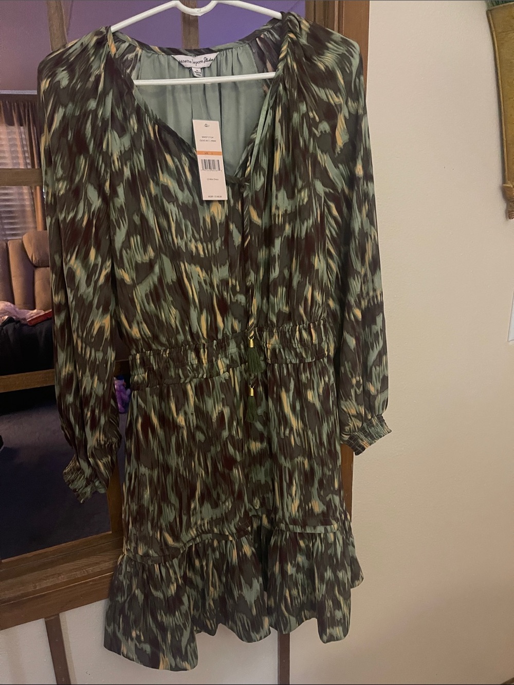 Nanette Lepore Green and Brown Printed Long-Sleeve Ruffle Dress